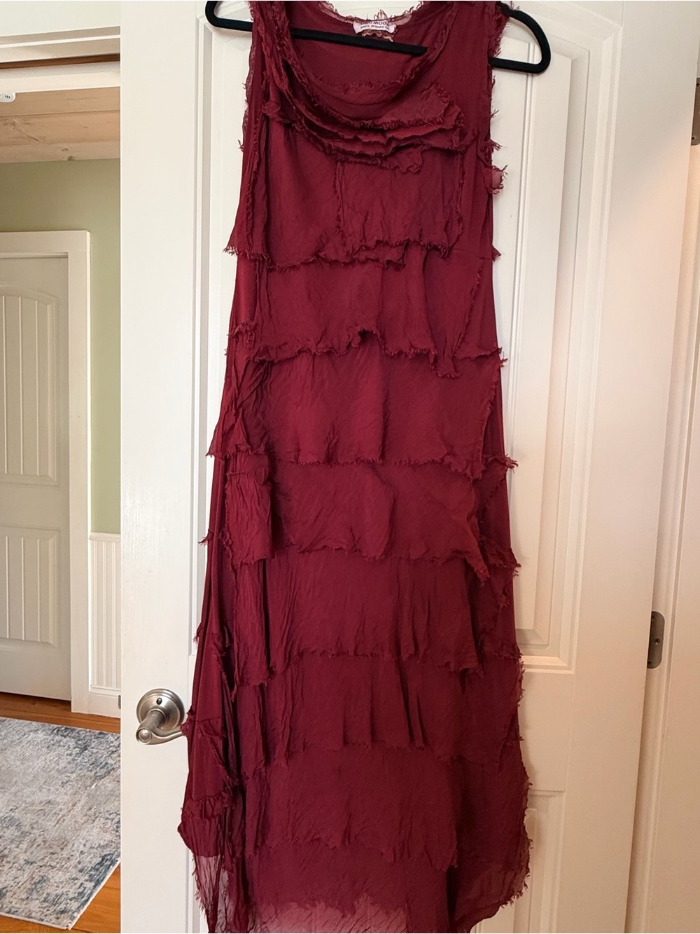 Women's Sleeveless Burgundy Tiered  Silk Maxi Dress